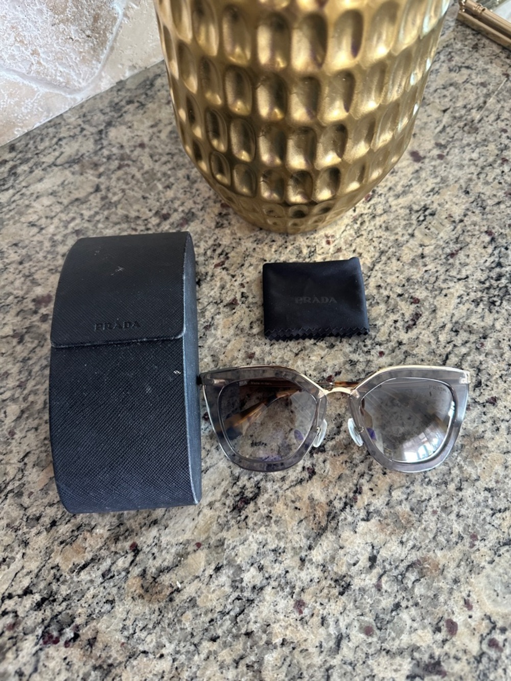 Prada Translucent Gray Cat-Eye Sunglasses with Tortoiseshell Temples - Prada